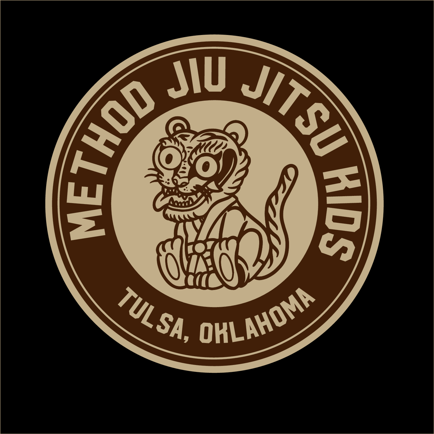Method Jiu Jitsu Kids program logo featuring tiger mascot in gi for kids martial arts classes in Tulsa Oklahoma